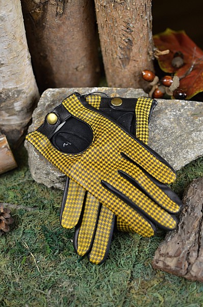 Kožené rukavice s žluto-černou kohoutí stopou
