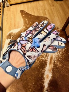 Dámské kožené rukavice šedo-modré s motýly